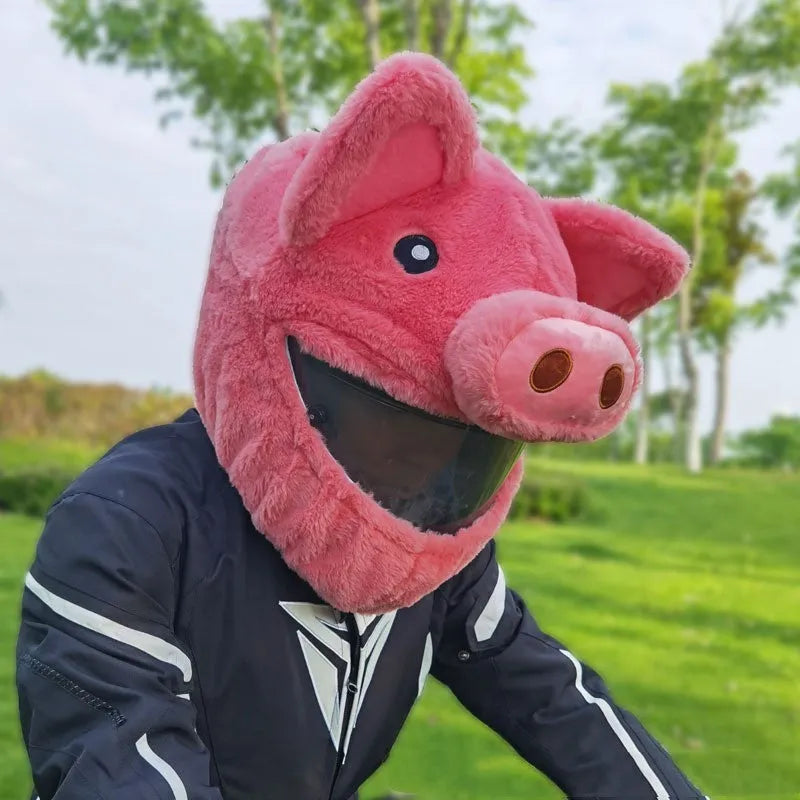 Pink pig cartoon design motorcycle helmet protective hood made from plush PV velvet cloth