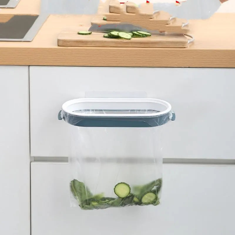 Blue or pink plastic kitchen garbage bag storage rack for cabinet organisation