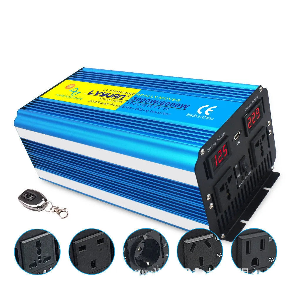 Blue high-power pure sine wave inverter with digital display, UK socket, and remote control.