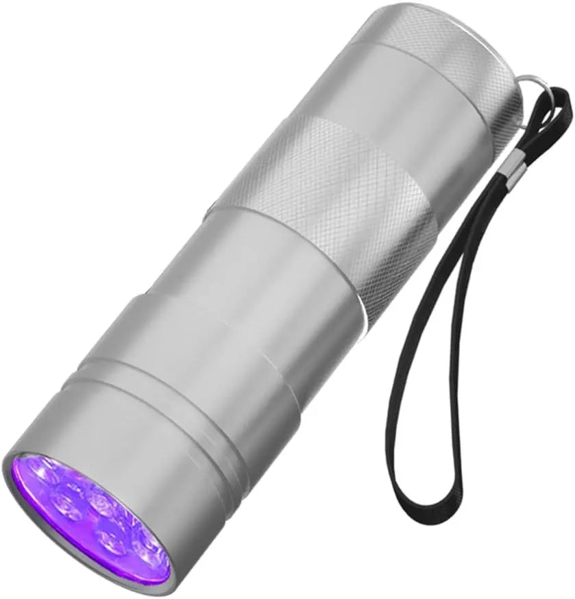 Black aluminium alloy UV flashlight with silver accents, shown with a length of 9.8cm.