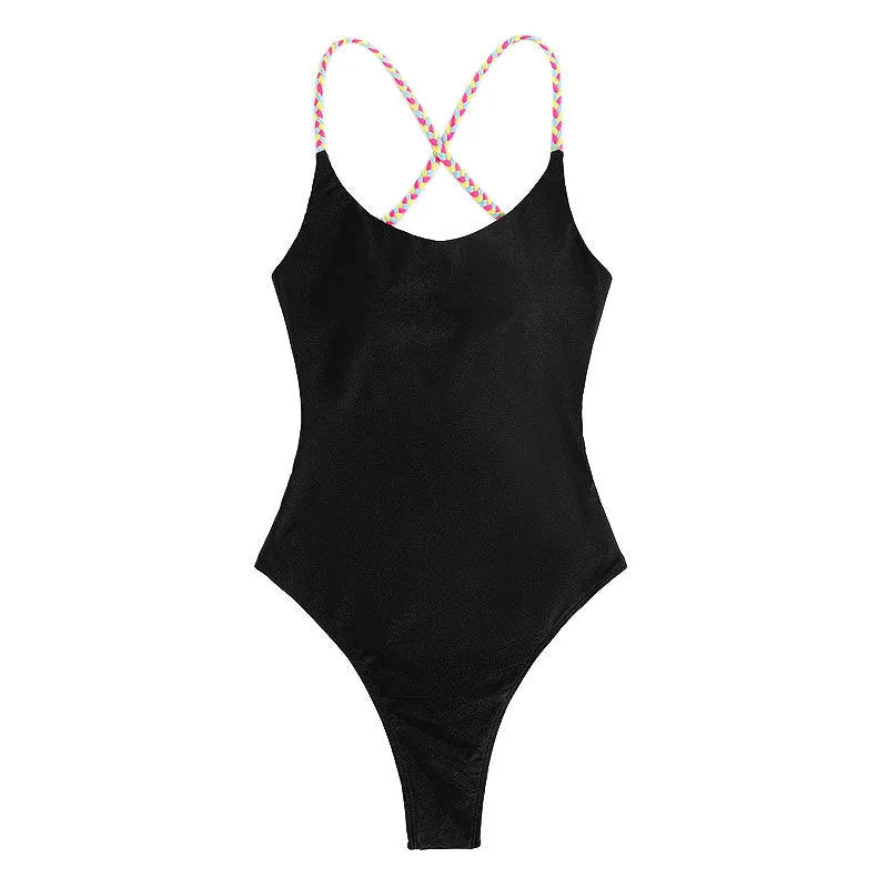 Black solid colour backless one-piece swimsuit for women made of nylon fabric