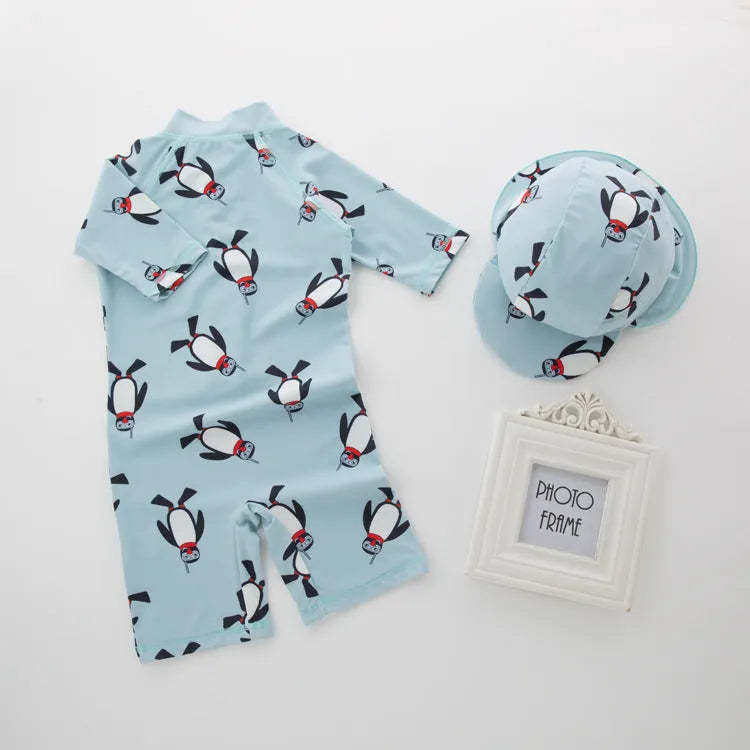 Boys' penguin print long sleeve swimsuit with matching swimming cap set