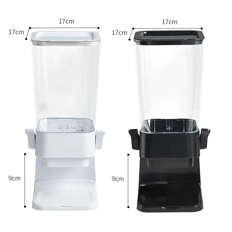 Countertop cereal dispenser in white with clear container and black lever showing chute opening