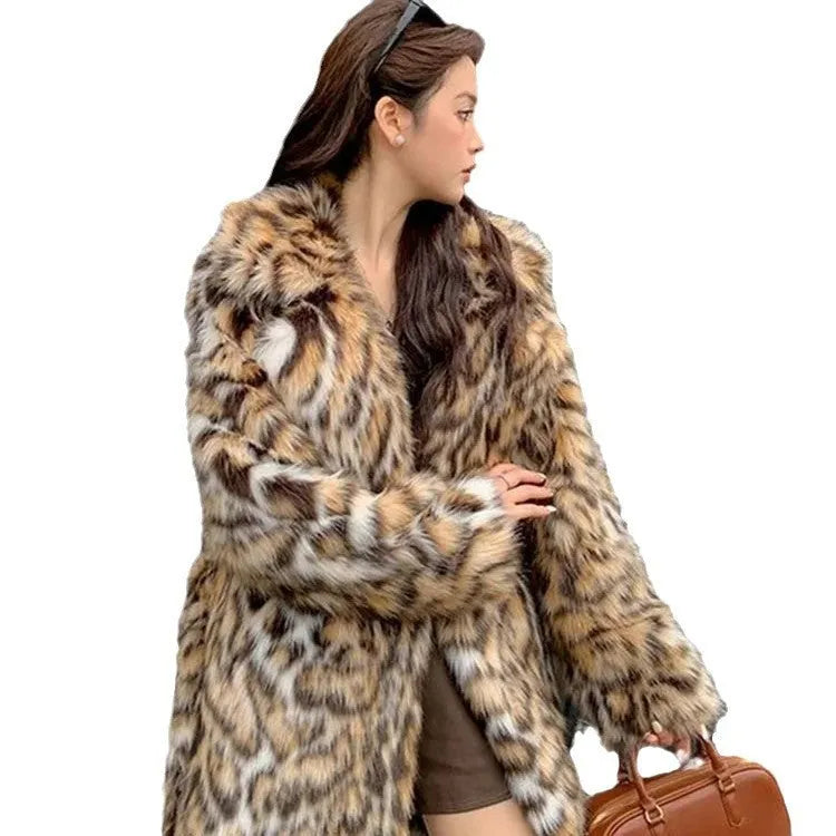 Street fashion faux fur coat with fox-style collar and regular sleeves