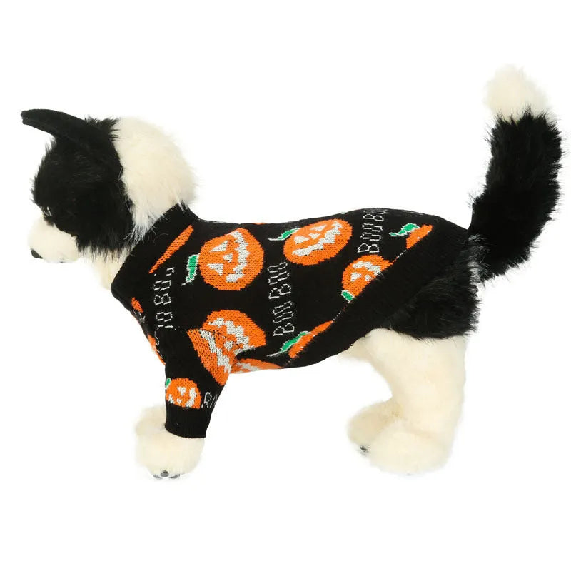 Black dog sweater with an orange pumpkin pattern for Halloween, shown on a model dog.