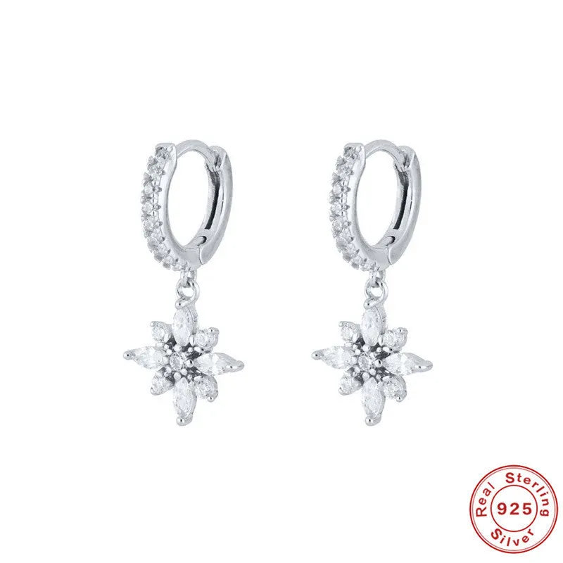Sterling silver snowflake pendant earrings with gemstone accents in yellow gold or white gold colour options