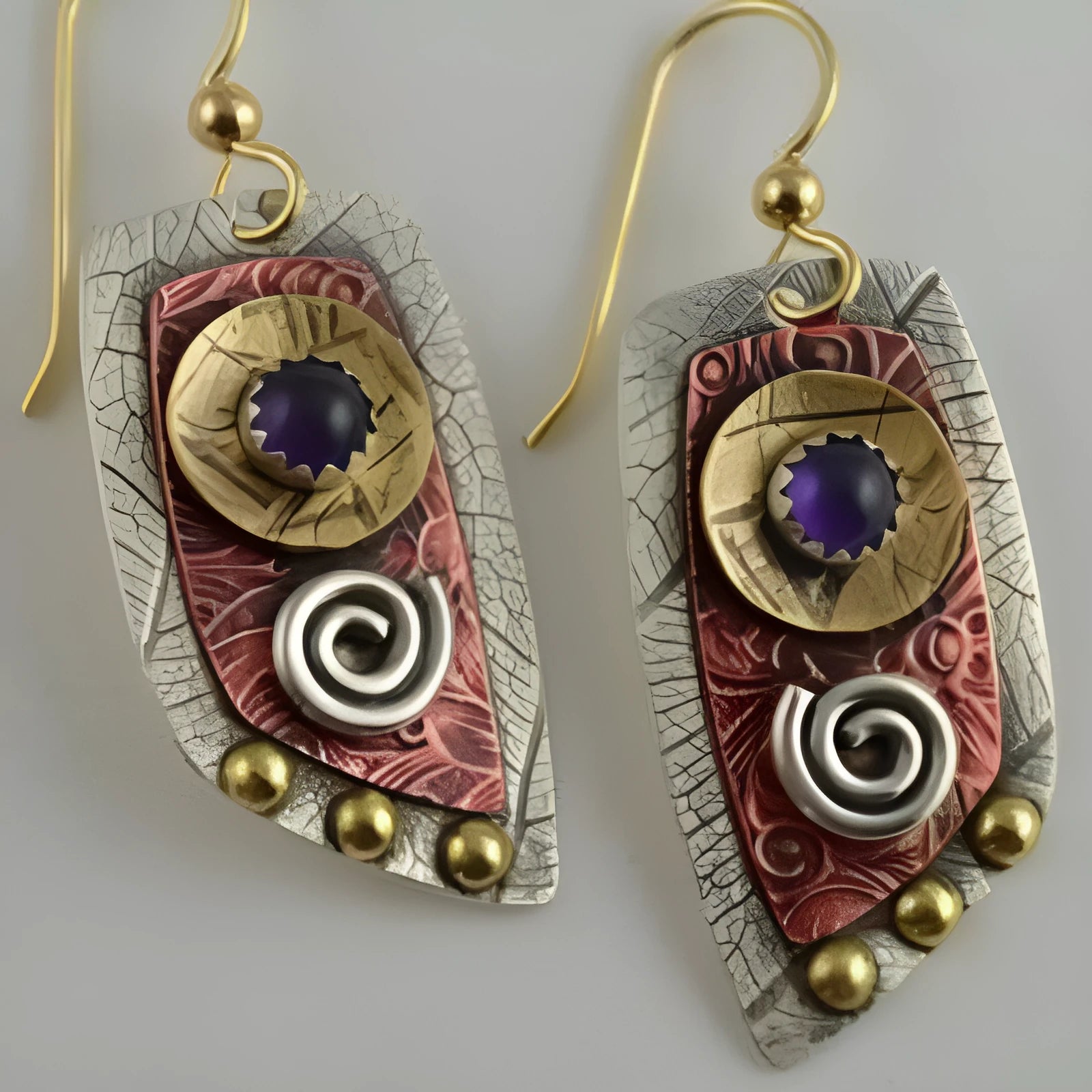 Gold zinc alloy earrings with camouflage leopard print pattern and irregular geometric shape