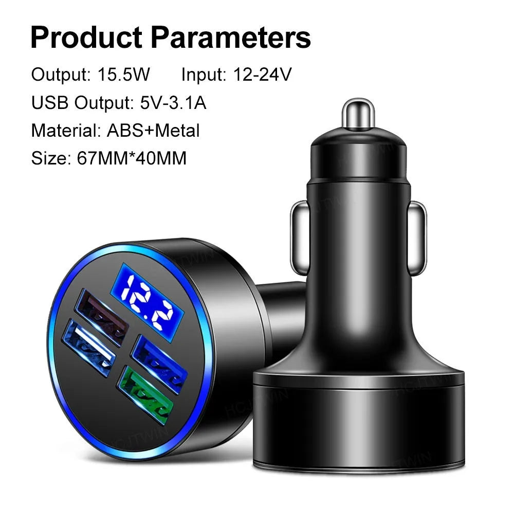 Black multi-port car charger with four USB ports and cigarette lighter plug for vehicle charging