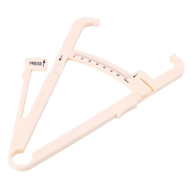 Clear acrylic body fat caliper showing measurement scale up to 200mm with sebum clamp design