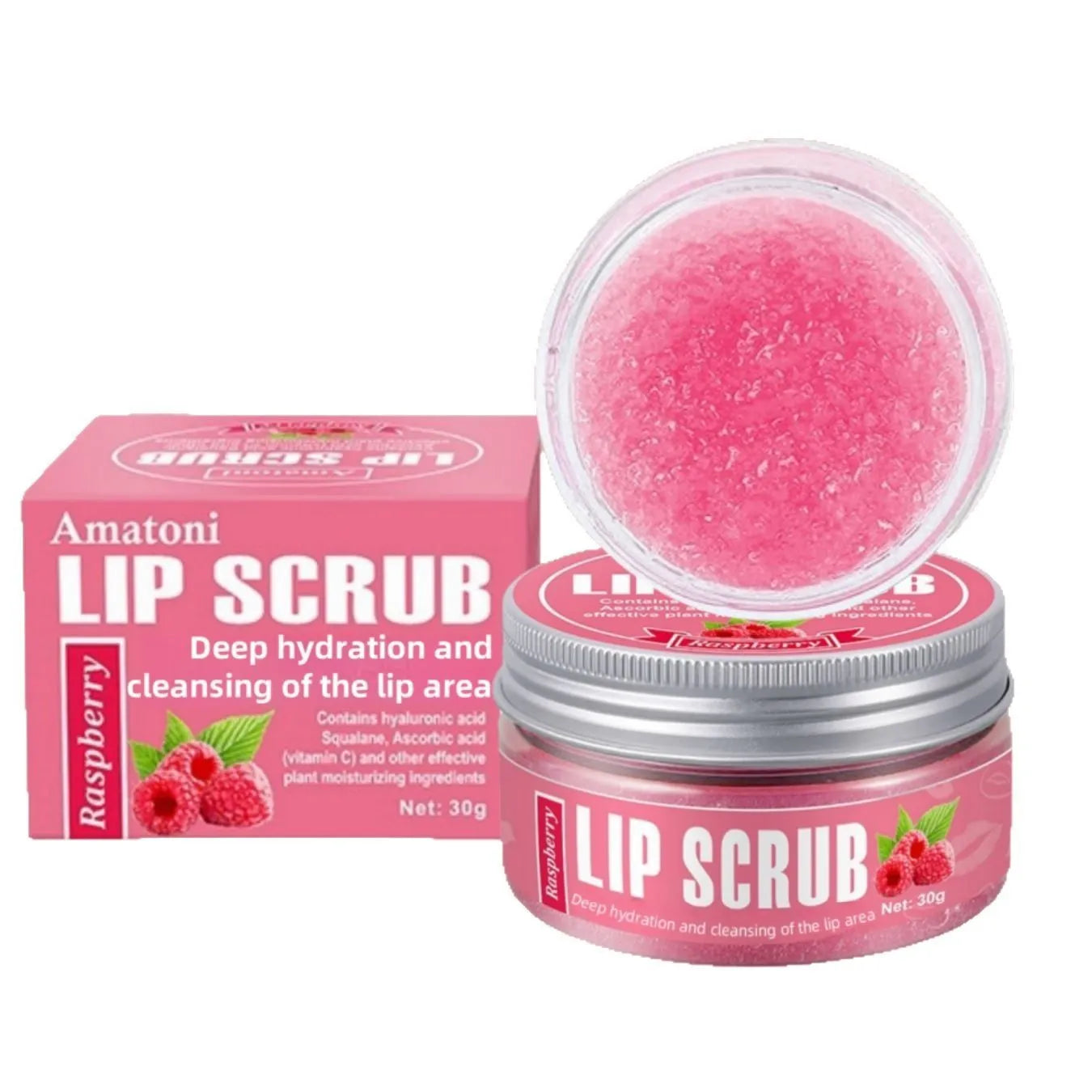 Amatoni lip scrub pot with fruit flavours including coconut, raspberry, vanilla, and watermelon