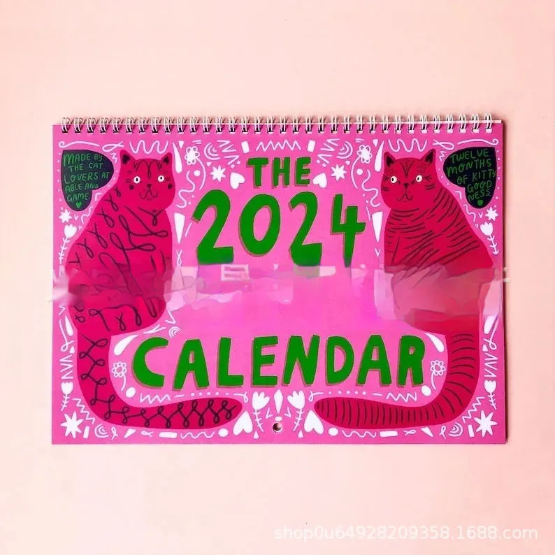 Cat themed wall planner calendar for 2024 or 2025 on a single sheet of paper