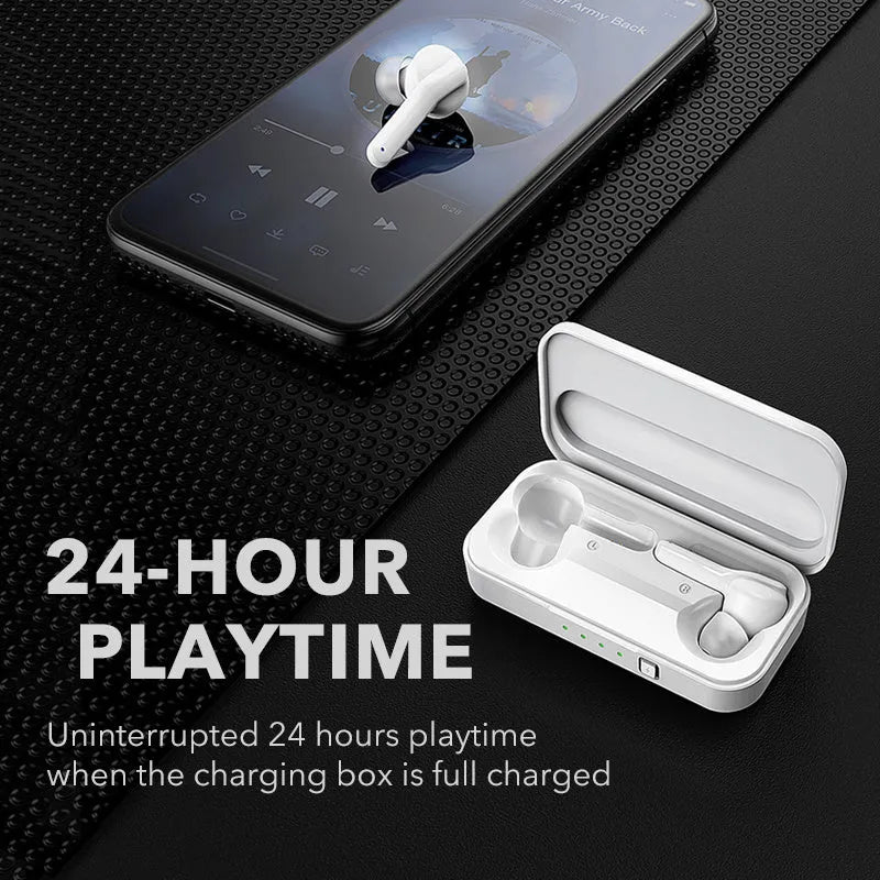 Black and white true wireless Bluetooth earbuds with charging case.