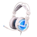 Black and white 7.1 USB gaming headset with LED lights on ear cups and a padded headband.