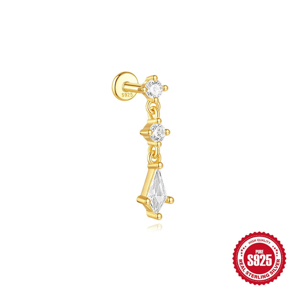 S925 sterling silver geometric kite earrings with rhinestone-encrusted chain tassel flat head