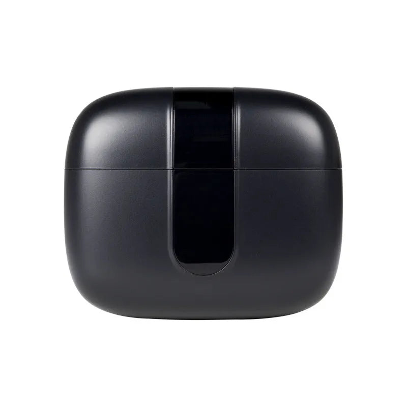 Jerry X08 black wireless in-ear headphones with digital display next to their USB charging case.