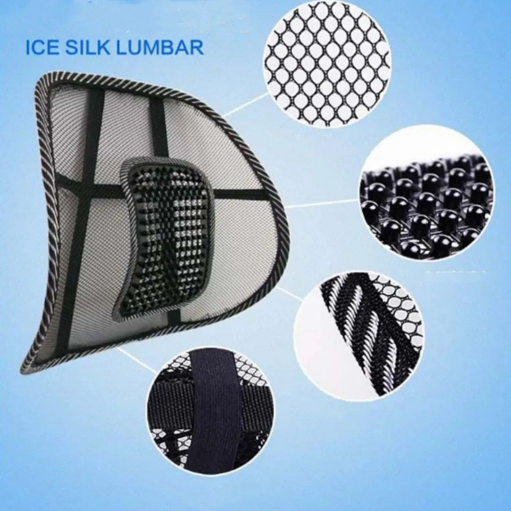 Black lumbar support pillow for car seat measuring 41 by 39 centimetres.