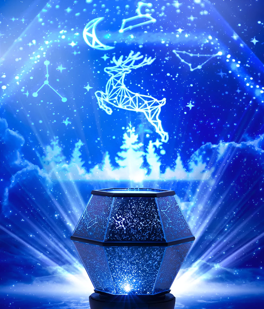Children's rotating stars LED night light projecting colourful star patterns on a wall