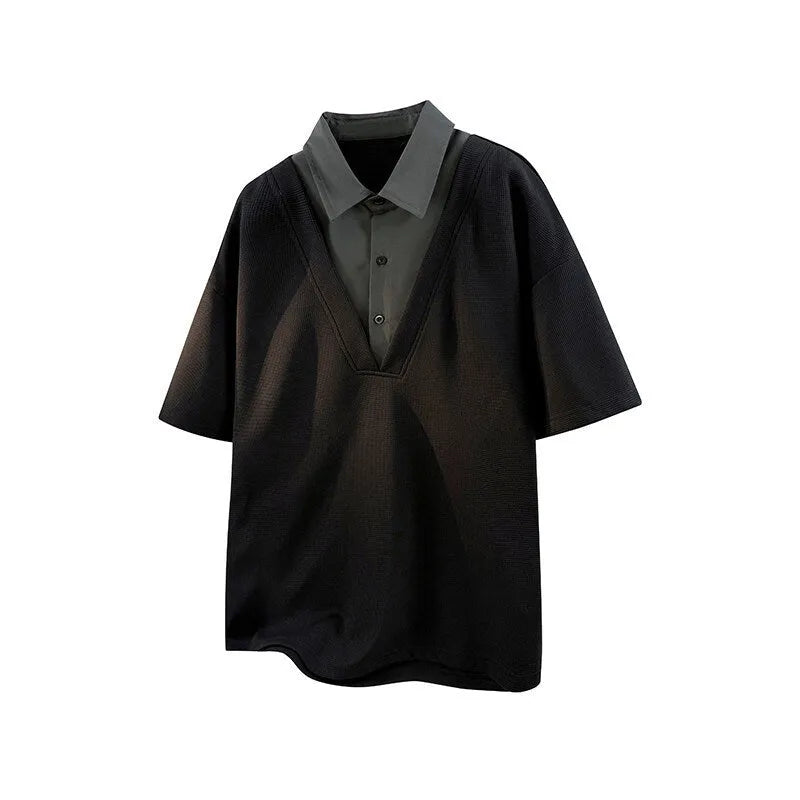 Men's heavy Henry collar polo shirt sweater in black and apricot colours showing short sleeve pullover design