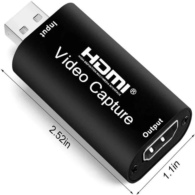 Black HD video capture card USB 3.0 with HDMI input and dimensions 63.8x28x12.8 mm