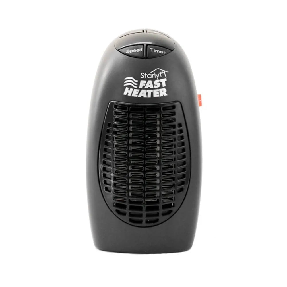 Black mini portable electric heater showing digital display and rotating plug on a white background.