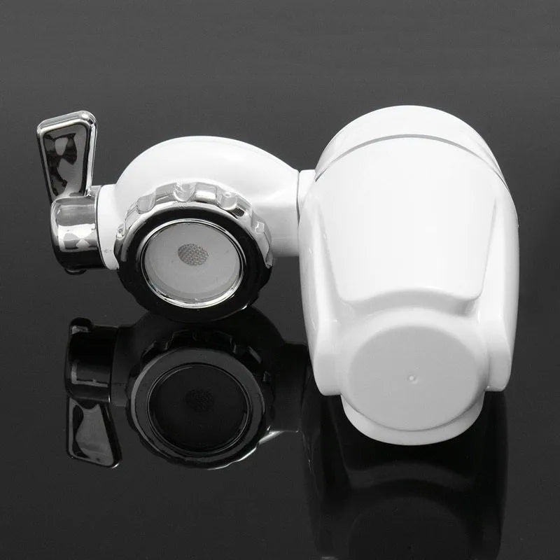 White kitchen tap water filter with ceramic cartridge showing switchable flow control and universal adapter fittings