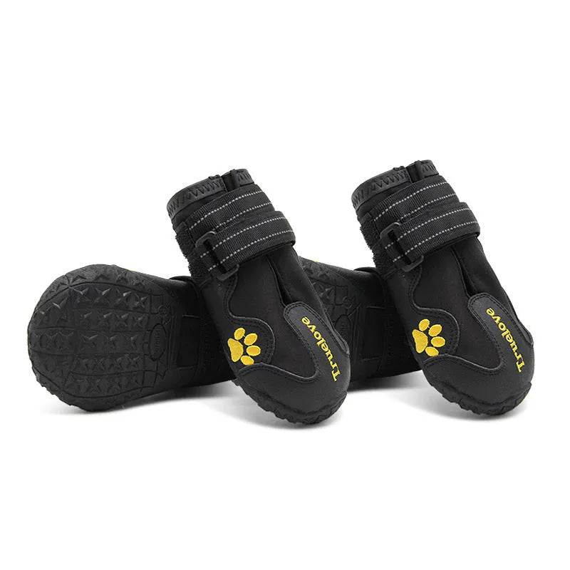 Pair of non-slip waterproof luminous dog shoes in black with double velcro closure