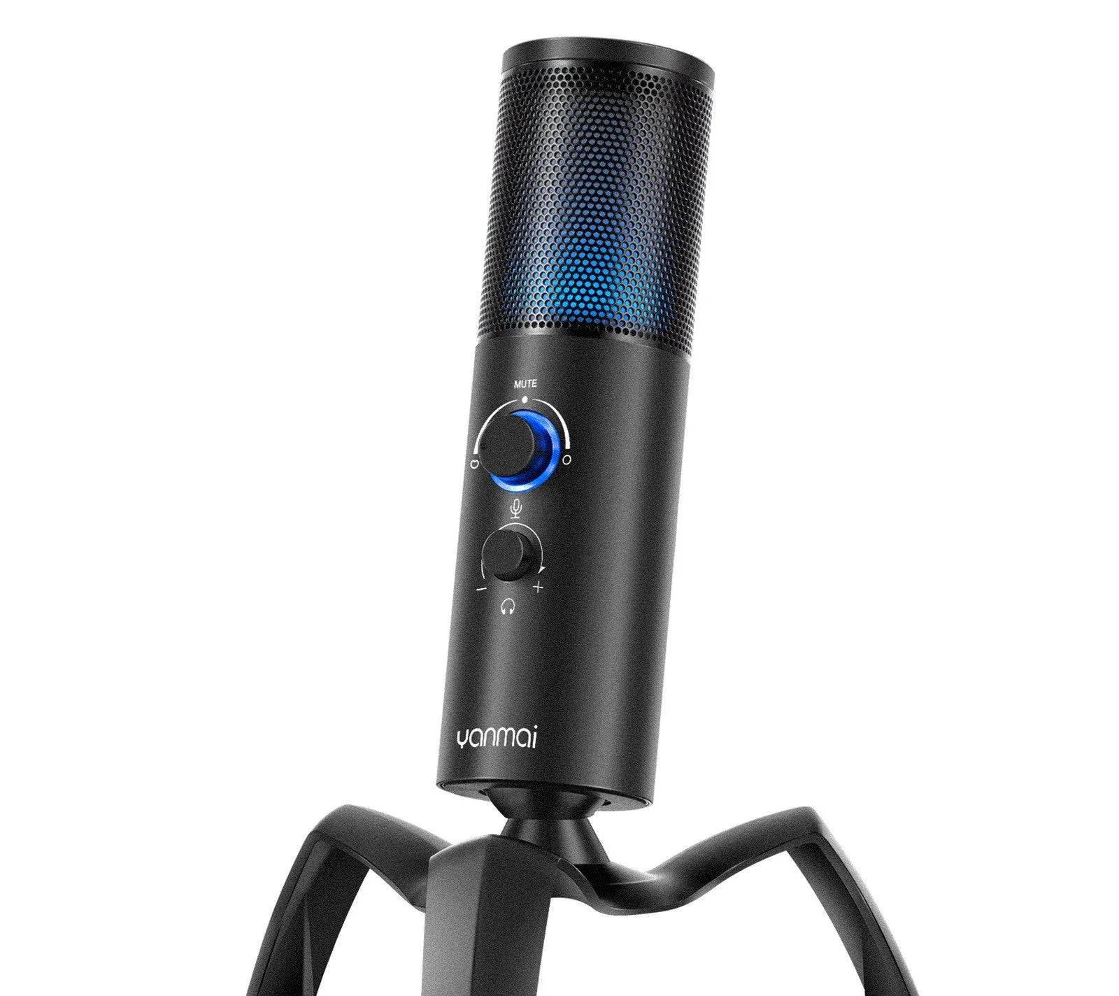 Black Q18 bidirectional condenser microphone with RGB lights on an adjustable metal tripod