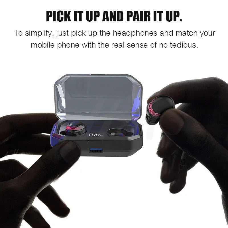 Black X10 Bluetooth wireless headset with charging case showing compact design.