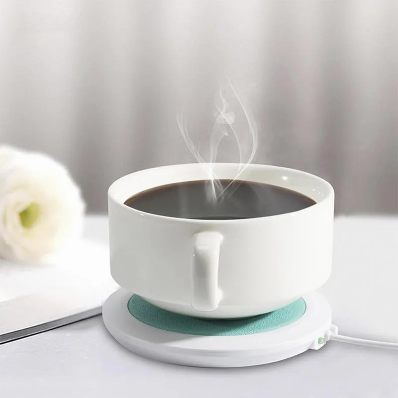 USB-powered insulated heating coaster for mugs in black, blue, and orange PU artificial leather.