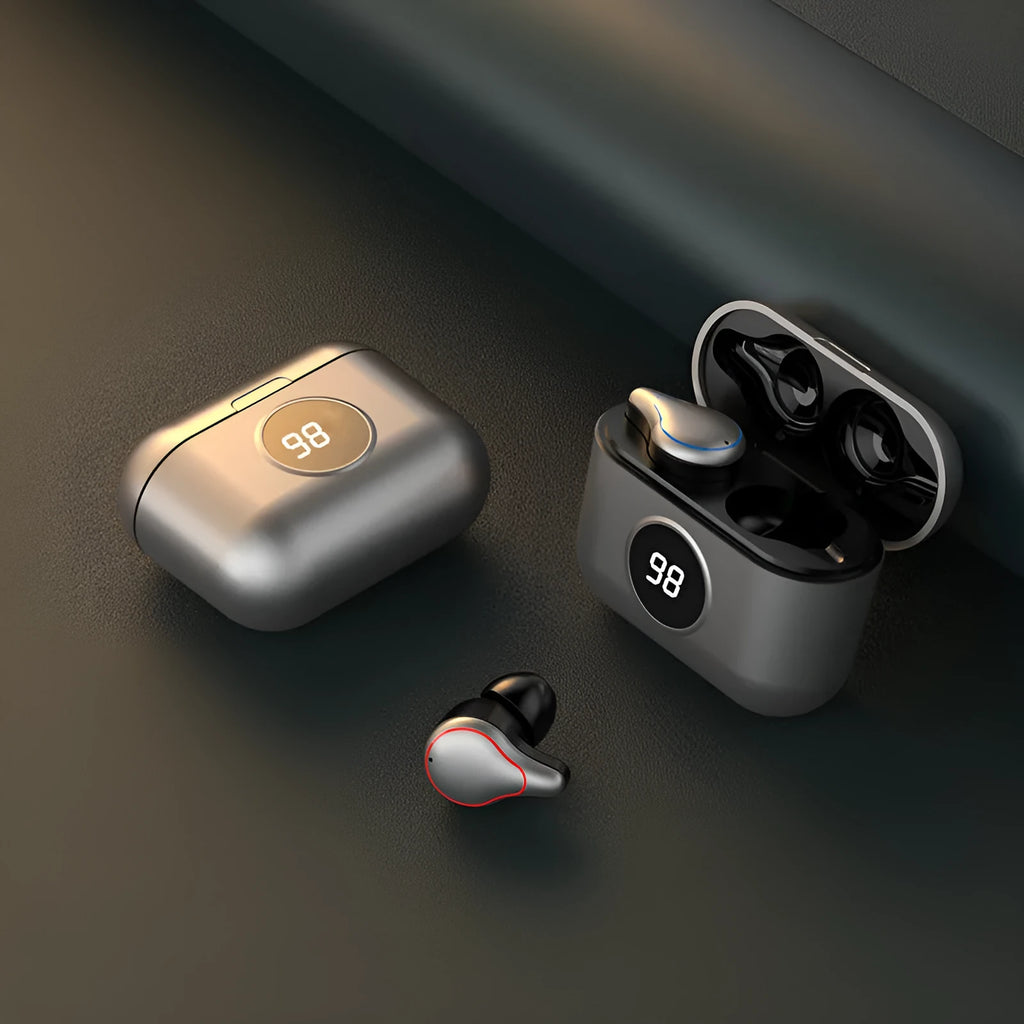 Black and blue in-ear Bluetooth headset with earplug design for stereo sound.