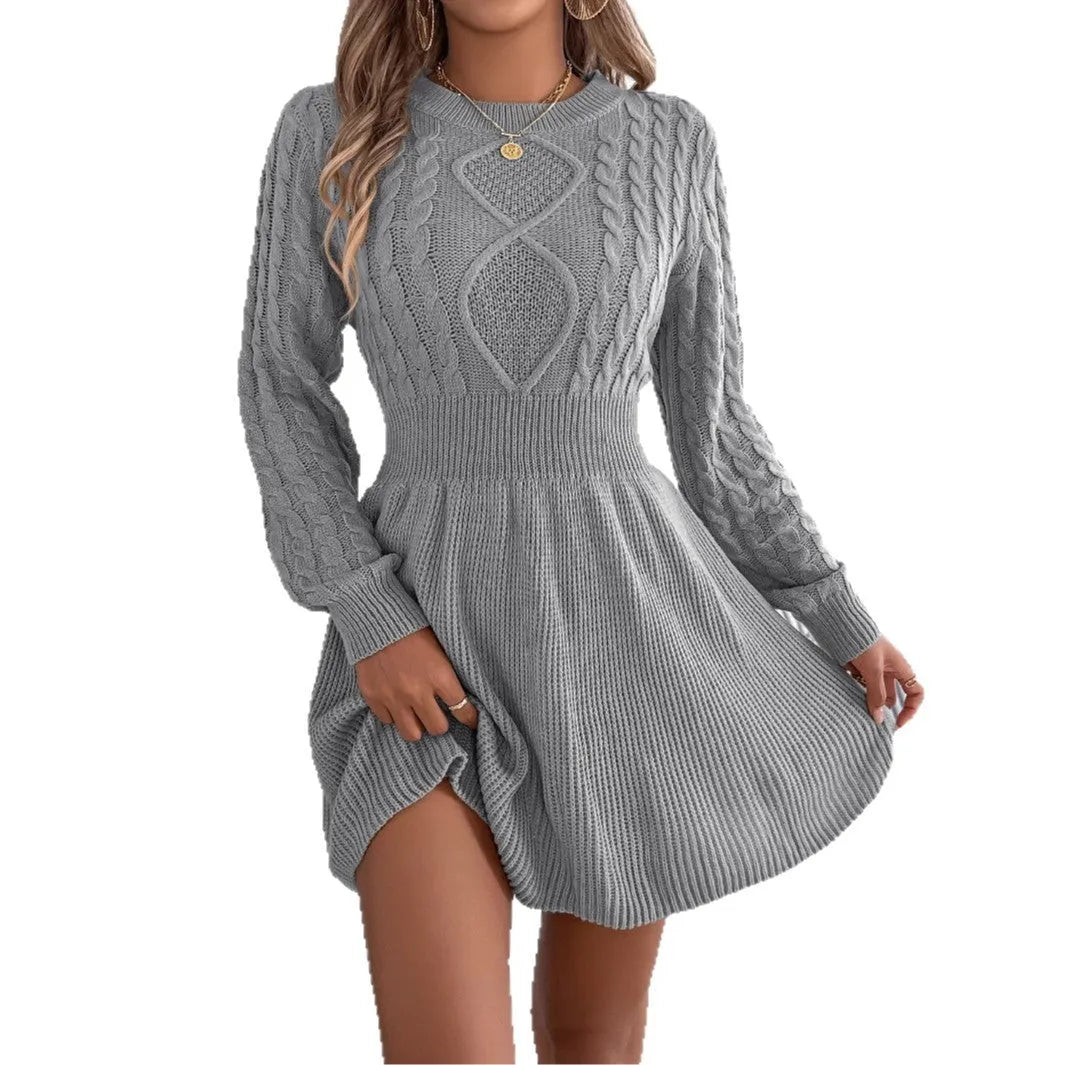Solid colour long sleeve sweater dress with lantern sleeves and a twist detail at the elastic waist.