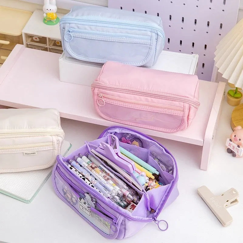 Korean style canvas pencil case with 10-layer flip design open showing multiple compartments
