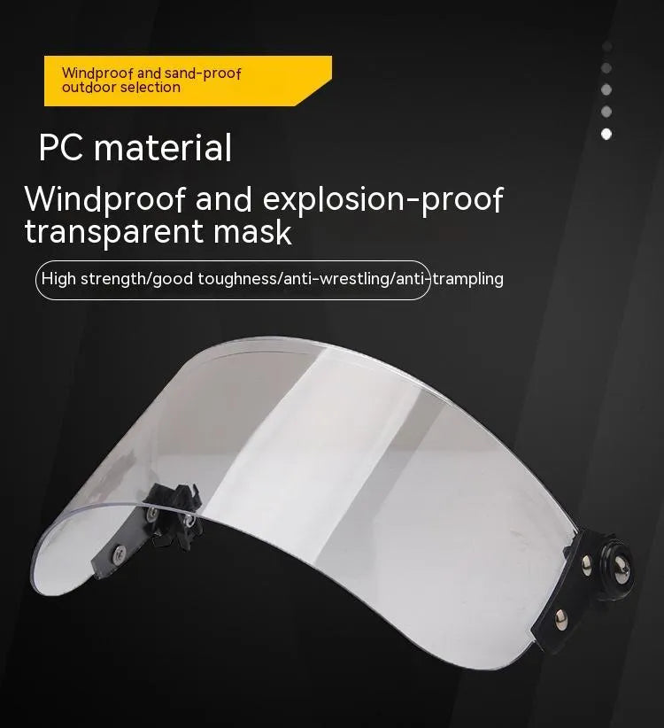 Transparent polycarbonate helmet face mask with windproof lens and guide rail mounting