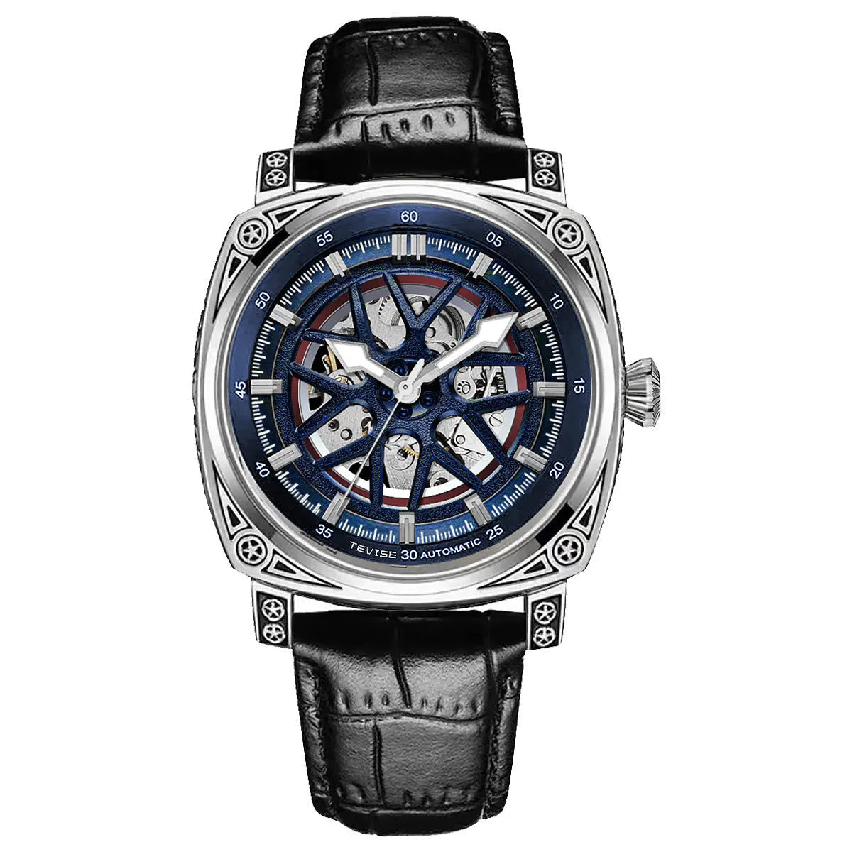 Men's automatic watch with stainless steel case and blue leather strap