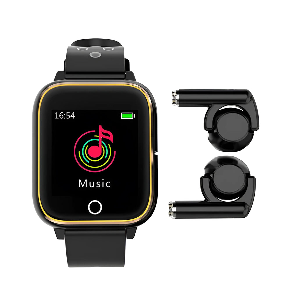 Black smartwatch with built-in Bluetooth earbuds showing heart rate monitoring on 1.4-inch screen