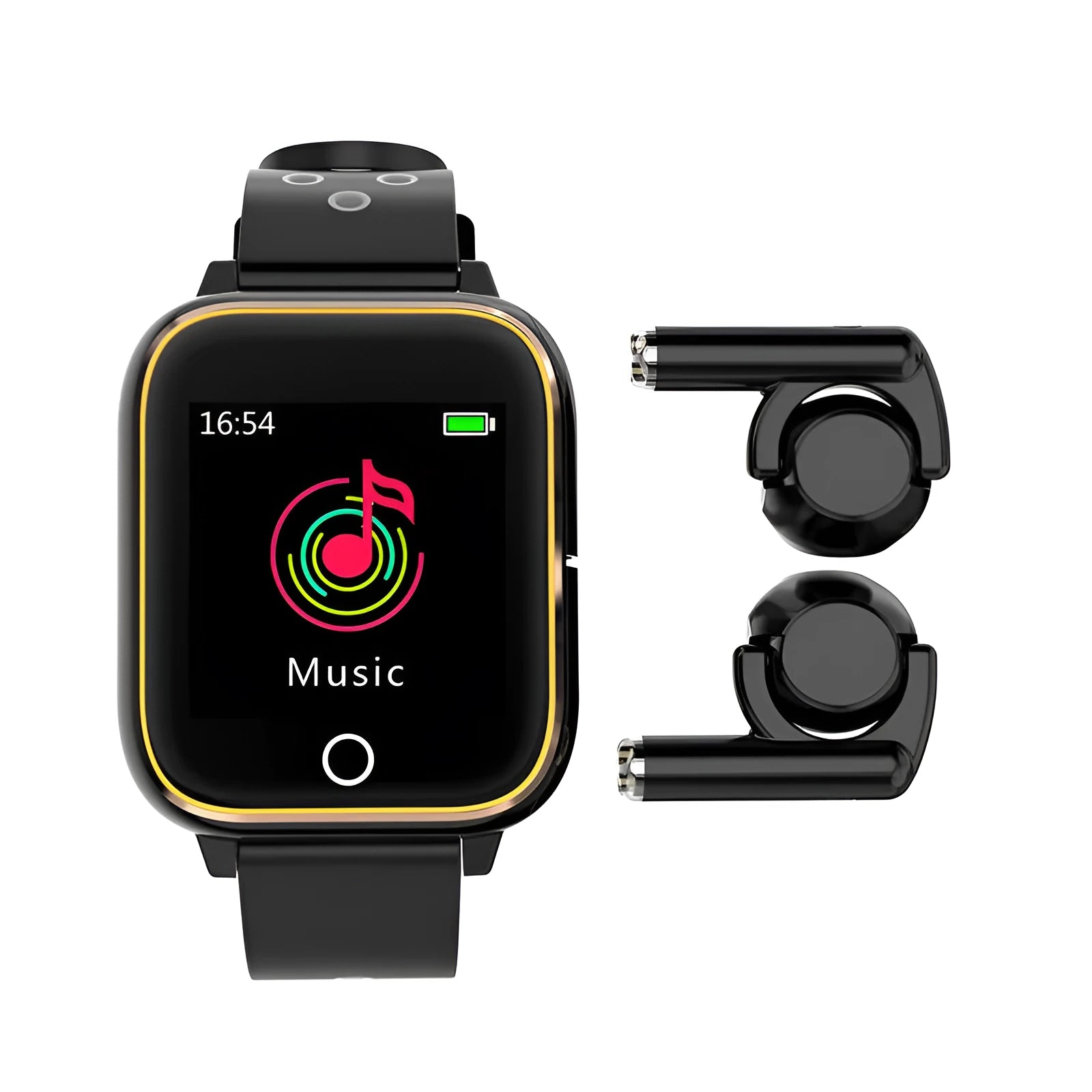 Black smartwatch with built-in Bluetooth earbuds showing heart rate monitoring on 1.4-inch screen