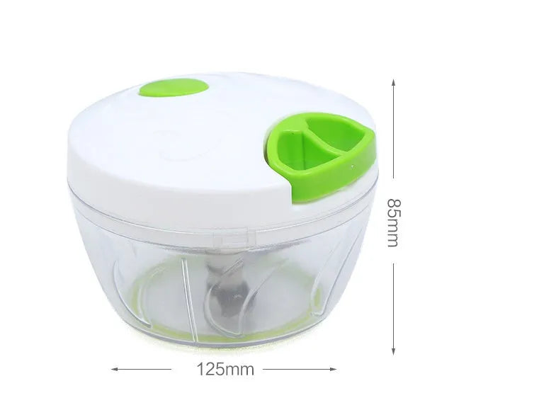 Green manual vegetable chopper with three stainless steel blades and 500ml ABS plastic container