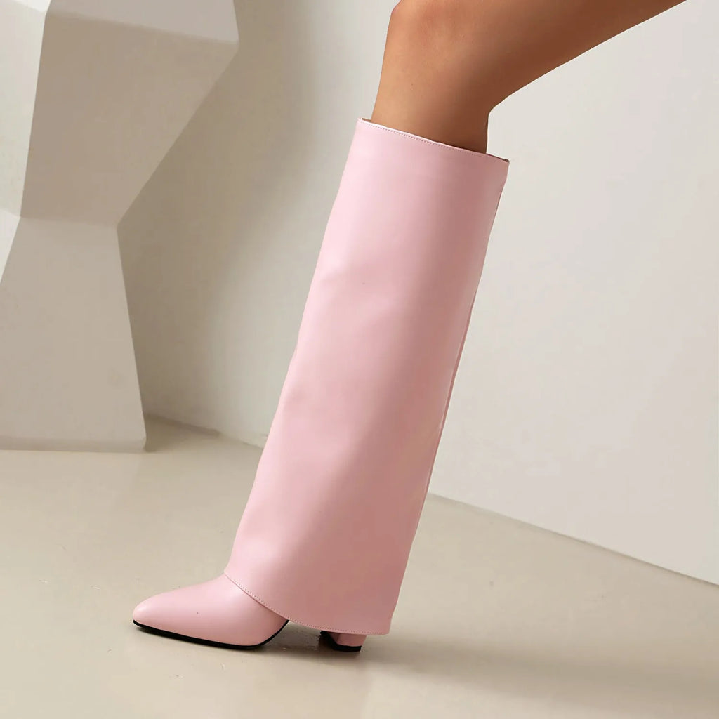 Women's plus size thick high heel boots in artificial PU with high cylinder length