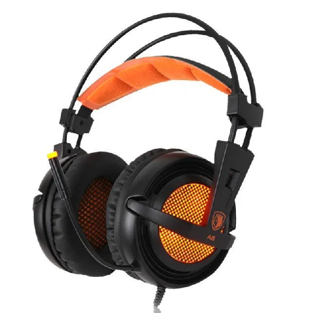 Black and white 7.1 USB gaming headset with LED lights on ear cups and a padded headband.