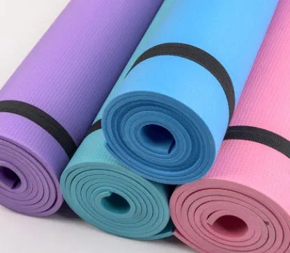 EVA yoga mat in six colours showing 4mm and 6mm thickness options for fitness exercise