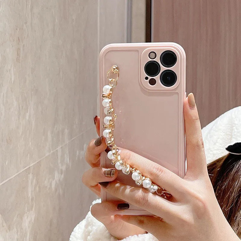 Silicone phone case with rhinestone pearl bracelet for iPhone Pro Max in pink and white options