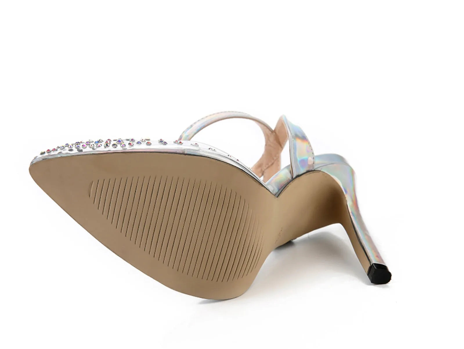 Women's pointed toe PVC sandals with diamond detail and a stiletto heel, shown in available sizes.