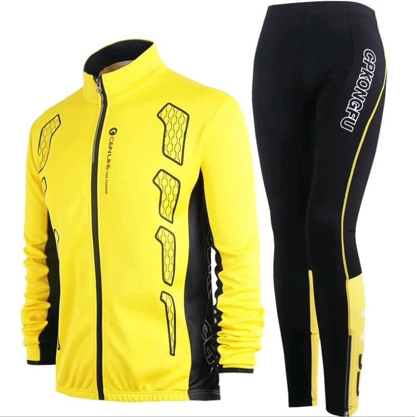 Long-sleeve bicycle Jersey suit set men women mountain bike team polyester thermal plain weave black yellow sizes