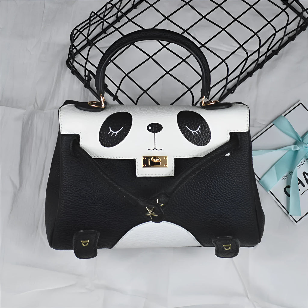 Panda print cow leather women's handbag in horizontal square shape, two size options shown.