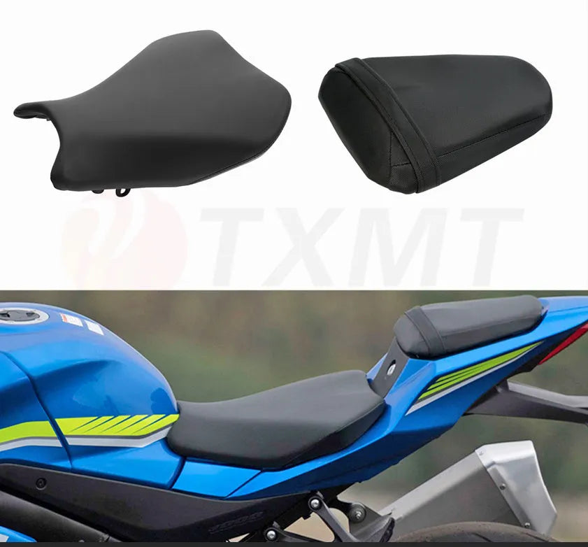 Suzuki GSXR1000 motorcycle with PU leather seat covers on front and rear seats.