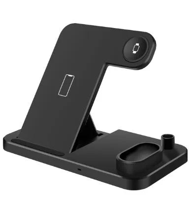 4-in-1 wireless charging station showing phone, Apple Watch, AirPods and Apple Pencil charging simultaneously on adjustable stand