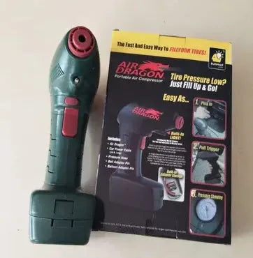 A portable 12V car electric tyre inflator pump unit with power cord and hose.