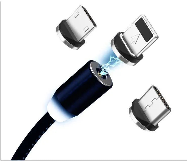 Black braided magnetic USB charging cable with LED light and aluminium connector.