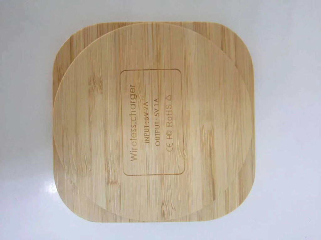 Square brown bamboo wood 5W Qi wireless charger with red and green LED lights