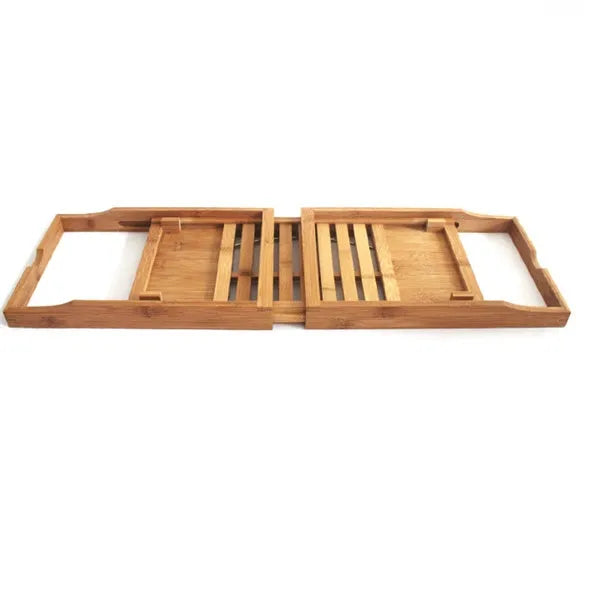Natural bamboo bathtub caddy with single-tier desktop design for bathroom storage